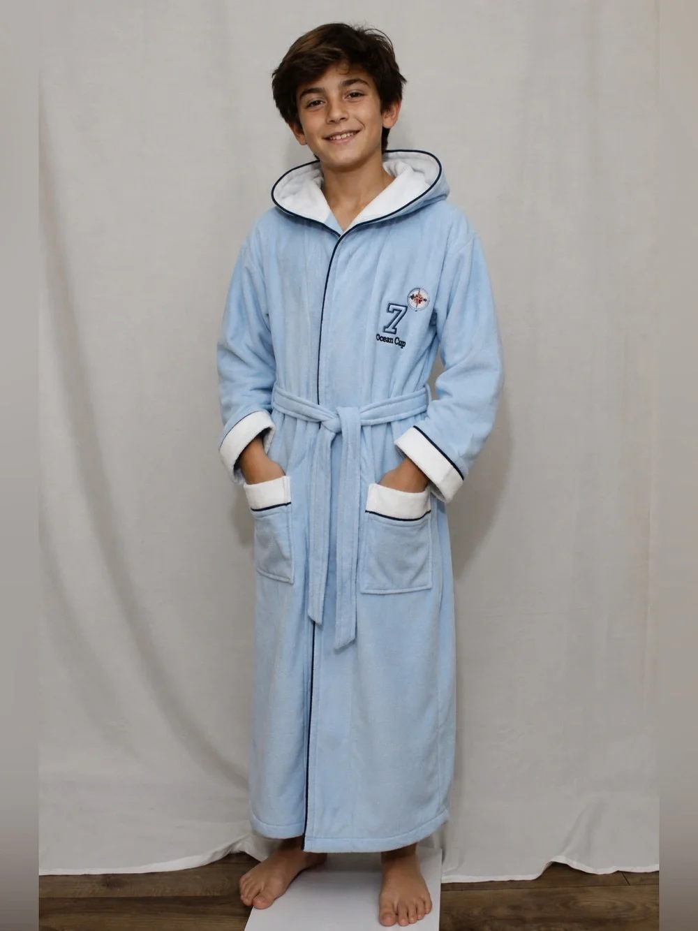 Kids Hooded Bathrobe 100% Cotton Blue 10-12Y Soft Terry Robe Belted - Picture 1 of 7